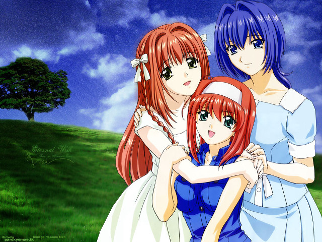 Three anime girls hug field free wallpaper for desktop - medium preview image