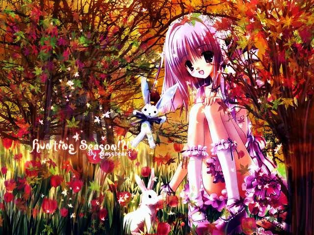 Autumn bunny girl flower tree free wallpaper for desktop - medium preview image
