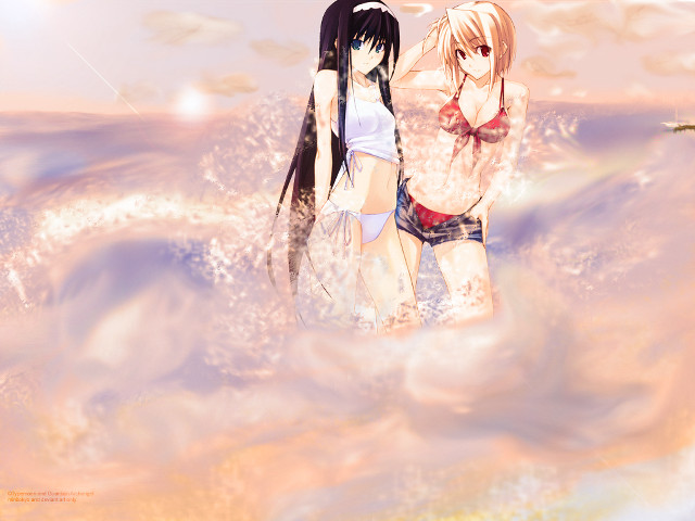 Anime girls water surfboard beach free wallpaper for desktop - medium preview image