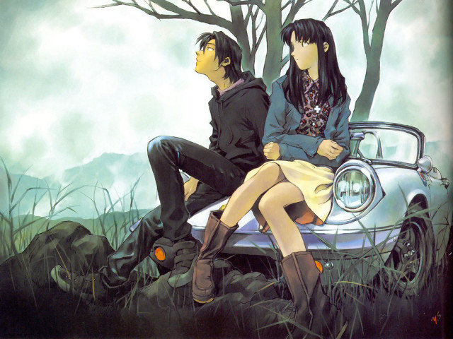 Man woman car grass forest free wallpaper for desktop - medium preview image