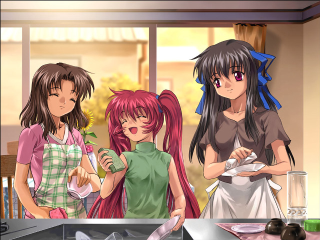 Three girls kitchen food window free wallpaper for desktop - medium preview image