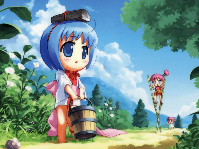 Blue haired girl forest bucket free wallpaper for desktop - medium preview image