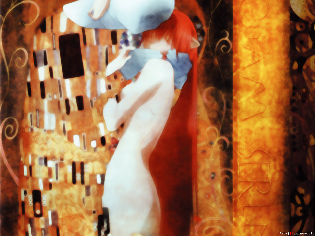 Redhair woman bluedbird whitedress goldbackground free wallpaper for desktop - medium preview image