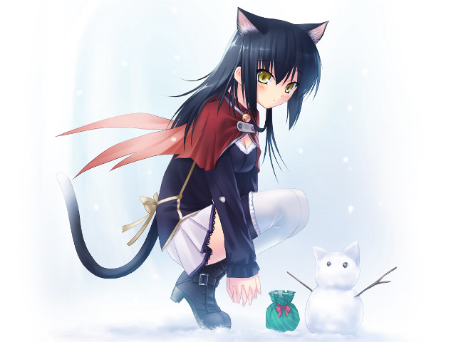 Anime girl black hair cat #2 free wallpaper for desktop - medium preview image