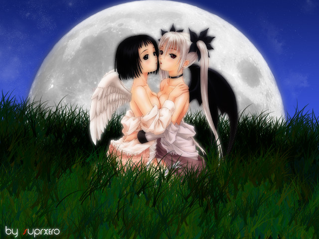 Anime girls fullmoon bamboo wings free wallpaper for desktop - medium preview image