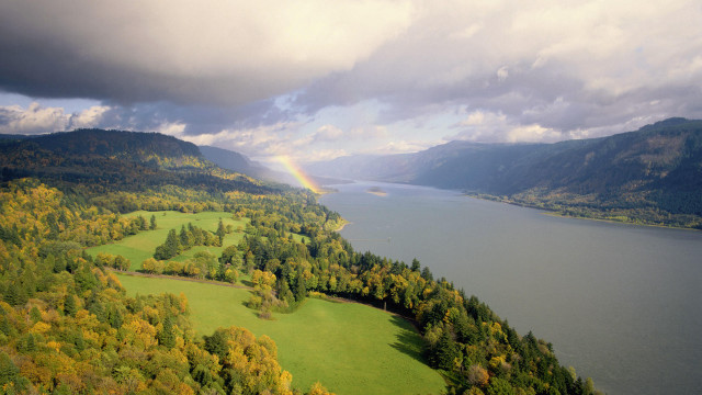 Rainbow lake mountains trees scenery free wallpaper for desktop - medium preview image