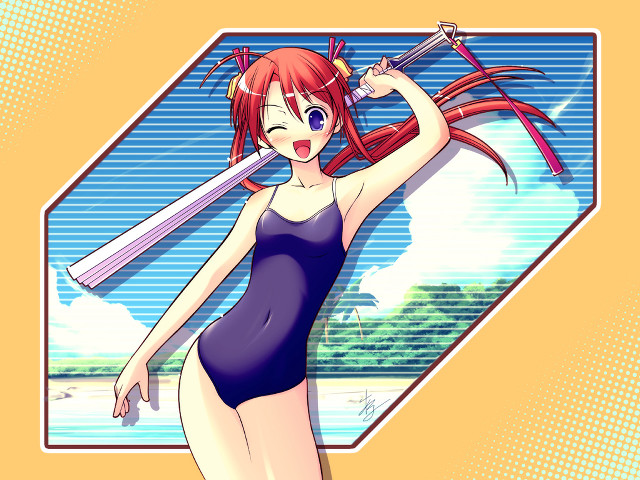 Blue red hair bikini sword free wallpaper for desktop - medium preview image