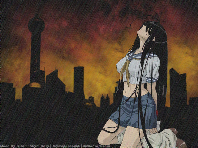 Rainy anime girl cityscape headphones free wallpaper for desktop - medium preview image