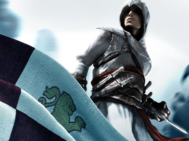Man hooded outfit sword flag free wallpaper for desktop - medium preview image