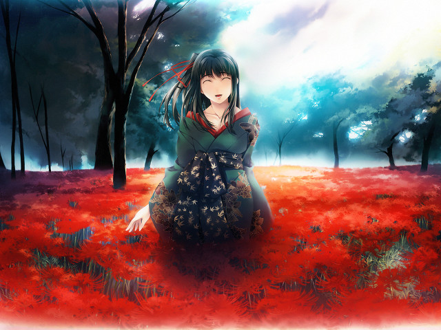 Woman redflowers trees sky autumn free wallpaper for desktop - medium preview image