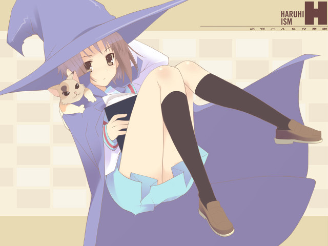 Purple hat dress cat kneehighs free wallpaper for desktop - medium preview image