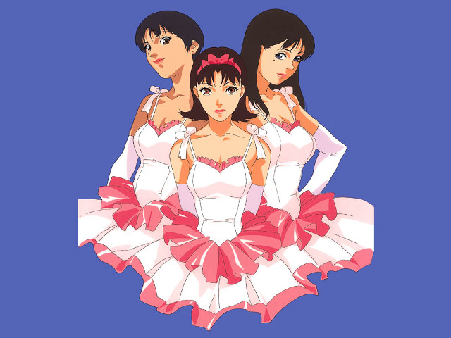 Three anime girls pink dress free wallpaper for desktop - medium preview image