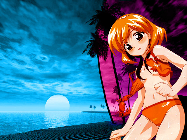 Beach woman bikini ocean pinkumbrella free wallpaper for desktop - medium preview image