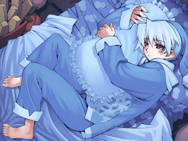 White hair blue outfit bed free wallpaper for desktop - medium preview image