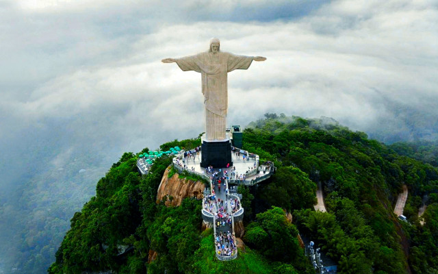 Christ statue mountain clouds trees free wallpaper for desktop - medium preview image