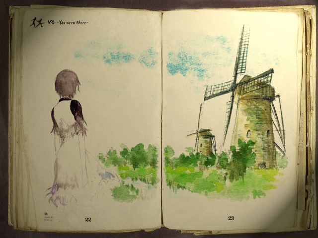 Book girl windmill illustration city free wallpaper for desktop - medium preview image