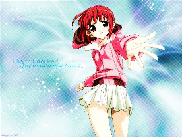 Redhair girl pinkshirt bluebg anime free wallpaper for desktop - medium preview image