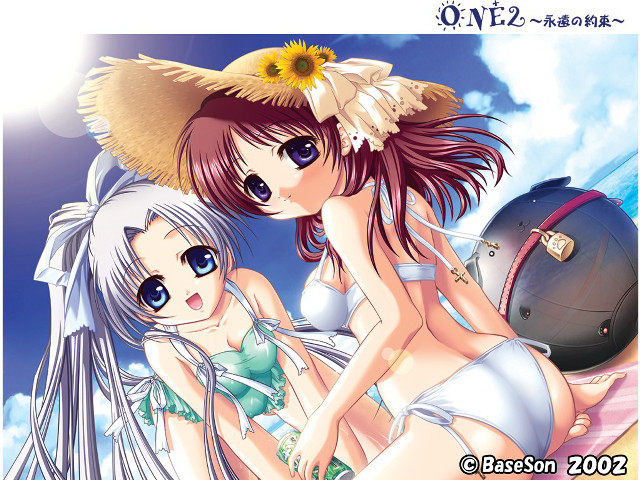 Anime girls beach bikini hats free wallpaper for desktop - medium preview image