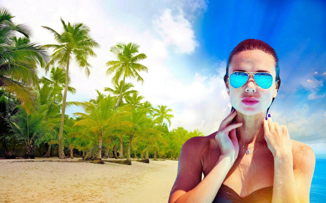 Beach woman sunglasses palm trees free wallpaper for desktop - medium preview image