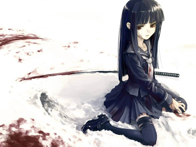 Girl sitting snow sword blood free wallpaper for desktop - medium preview image