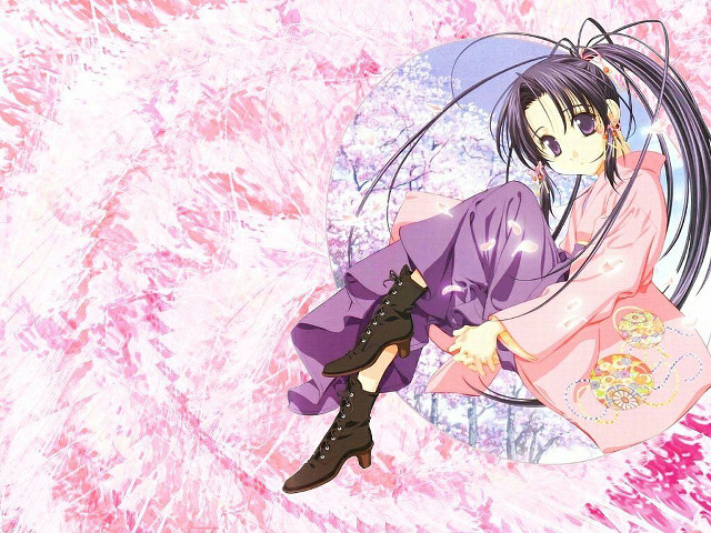Purple dress sitting cherry blossoms free wallpaper for desktop - medium preview image