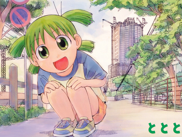 Green hair girl cityscape squatting free wallpaper for desktop - medium preview image