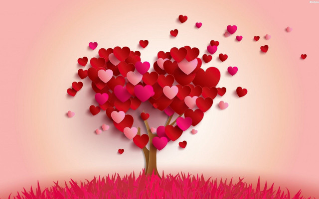 Tree hearts grass pink background free wallpaper for desktop - medium preview image