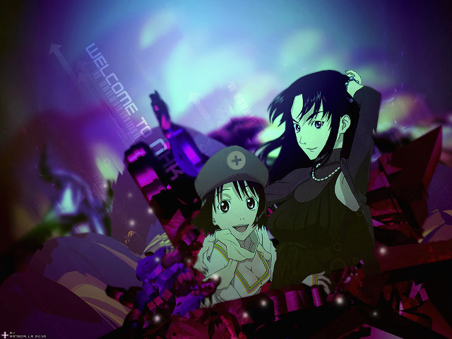 Anime characters city skyline purple free wallpaper for desktop - medium preview image