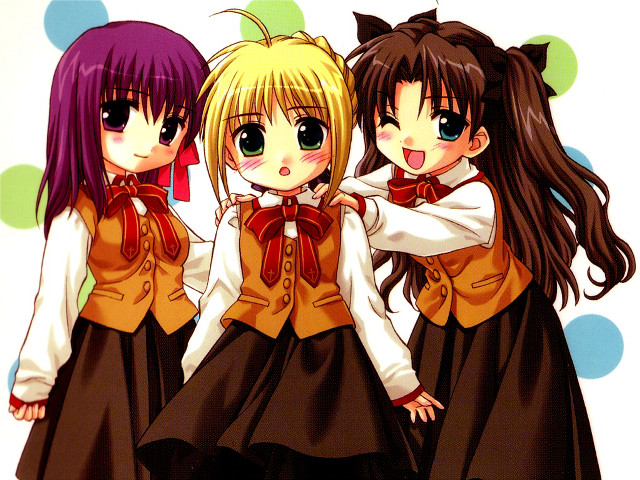 Three anime girls bows polka free wallpaper for desktop - medium preview image