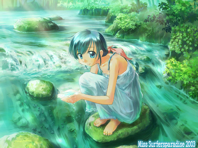 Girl rock river waterfall forest free wallpaper for desktop - medium preview image