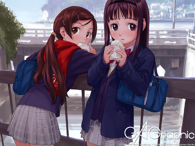 Two girls bridge river anime free wallpaper for desktop - medium preview image