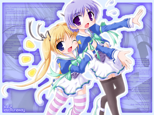Anime hugging girls purple background free wallpaper for desktop - medium preview image