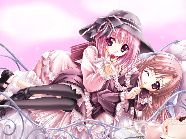 Anime girls laying bed cake free wallpaper for desktop - medium preview image
