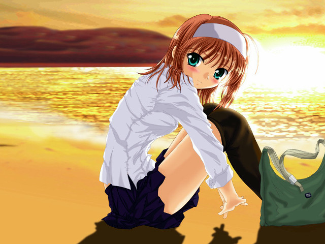 Girl beach sunset anime sitting free wallpaper for desktop - medium preview image