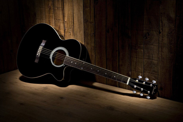 Guitar spotlight wooden table folk free wallpaper for desktop - medium preview image