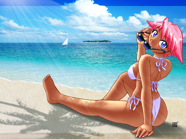 Cartoon girl beach sitting cellphone free wallpaper for desktop - medium preview image