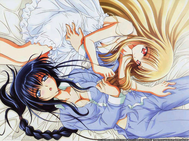 Anime girls bed hug pillow free wallpaper for desktop - medium preview image