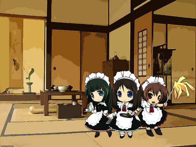 Three maid girls room window free wallpaper for desktop - medium preview image