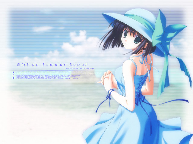 Girl blue dress hat beach free wallpaper for desktop - medium preview image