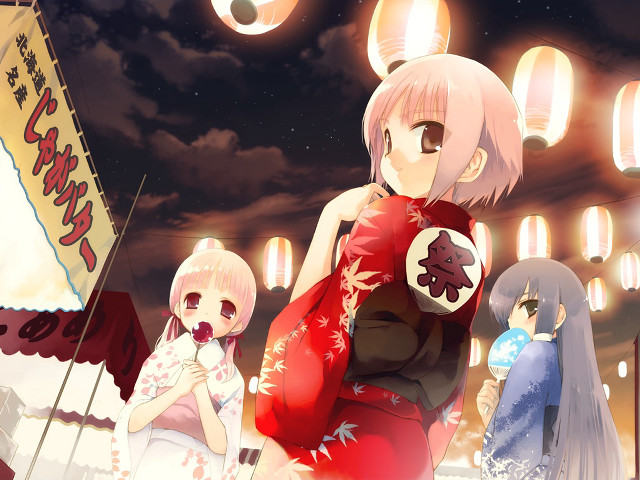 Anime festival girls kimono lanterns free wallpaper for desktop - medium preview image