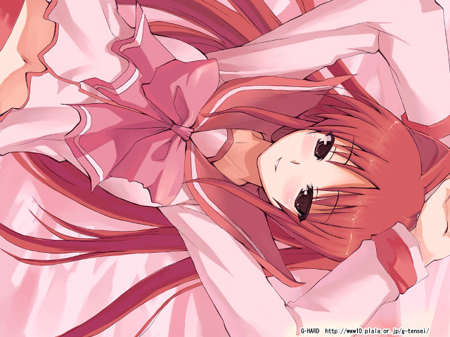 Redhair girl pinkdress lying handshead free wallpaper for desktop - medium preview image