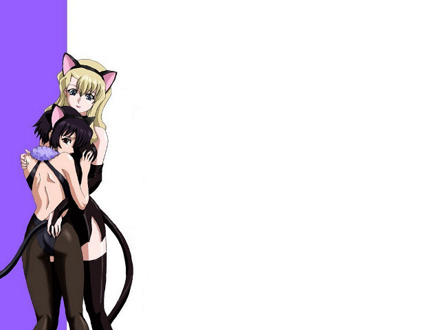 Anime characters hugging purple white free wallpaper for desktop - medium preview image