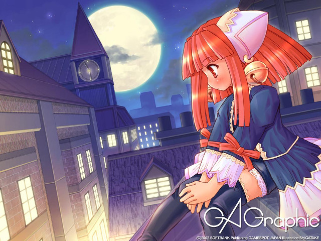 Anime girls hug fullmoon cityscape free wallpaper for desktop - medium preview image