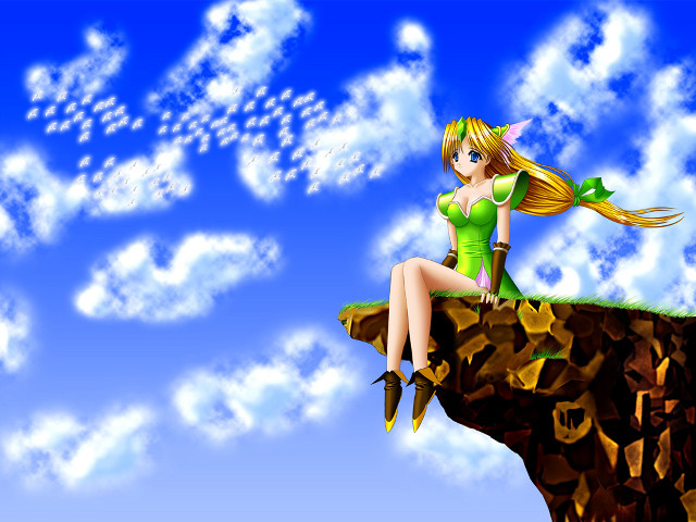 Cliff sitting woman green dress free wallpaper for desktop - medium preview image
