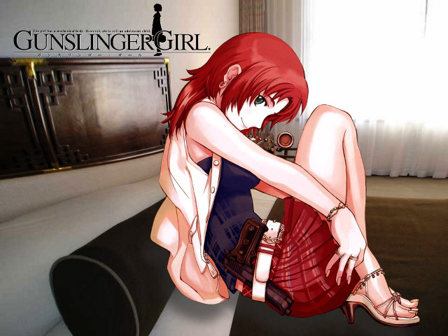 Red dress woman gun couch free wallpaper for desktop - medium preview image