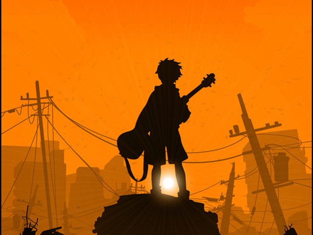 Silhouette guitarist city sunset powerlines free wallpaper for desktop - medium preview image