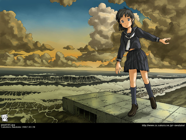 Girl ledge cloudy sky ocean free wallpaper for desktop - medium preview image