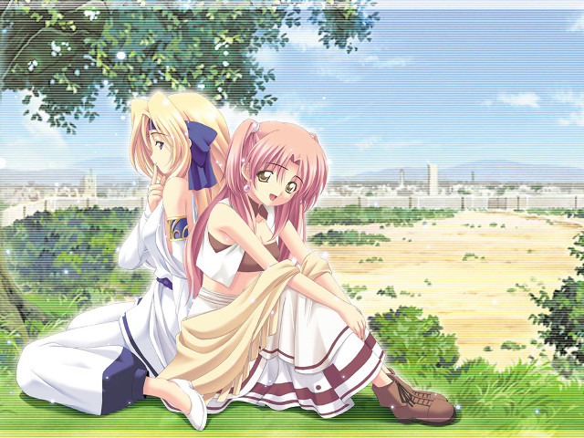 Anime girls sitting tree field free wallpaper for desktop - medium preview image