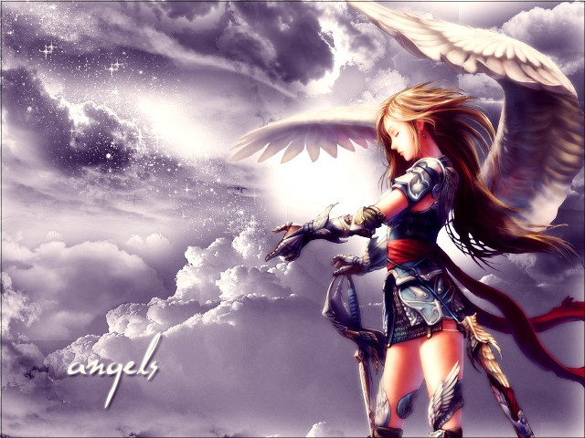 Angel wings girl sword clouds free wallpaper for desktop - medium preview image