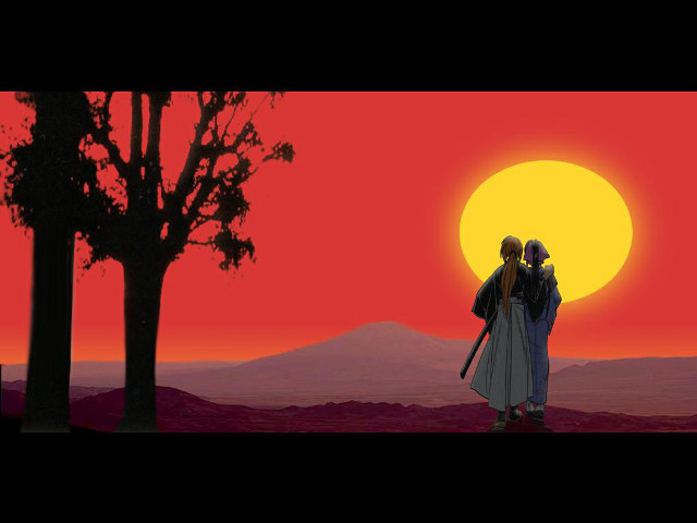 Sunset mountains trees japanese figures free wallpaper for desktop - medium preview image